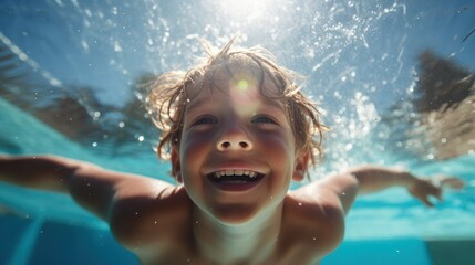 Fototapeta na wymiar Cute smiling child having fun swimming and diving in the pool at the resort on summer vacation. Sun shines under water and sparkling water reflection. Activities and sports to happy kid