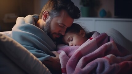 man take care of little ill daughter. Sick child lying on bed under blanket, with worried. single dad taking care of sick daughter at home. child has a high fever. covers on the couch and ill - obrazy, fototapety, plakaty