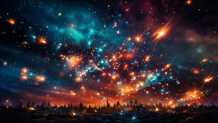 Fantasy landscape with mountains, stars and nebula in the sky,Generative AI