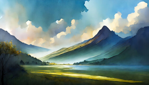 Peinture de paysage à l'aquarelle de montagne et nuages