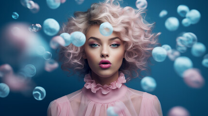 Girl blowing spam bubbles blue style magazine look