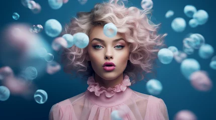 Foto auf Acrylglas Antireflex Girl blowing spam bubbles blue style magazine look © Patrick