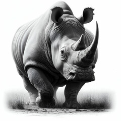 Drawing of a Northern Square Lipped White Rhinoceros Rhino Ceratotherium Horn Beast Simum Rhinocerotidae getting ready to Run in its' Nature Habitat, Africa Grazing in Wild Poaching Extinction Danger - obrazy, fototapety, plakaty
