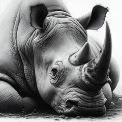 Drawing of a Northern Square Lipped White Rhinoceros Rhino Ceratotherium Horn Beast Simum Rhinocerotidae getting ready to Run in its' Nature Habitat, Africa Grazing in Wild Poaching Extinction Danger - obrazy, fototapety, plakaty