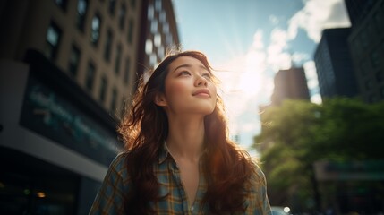 portrait of a woman asian young adult looking up to the sky in the city - backlight