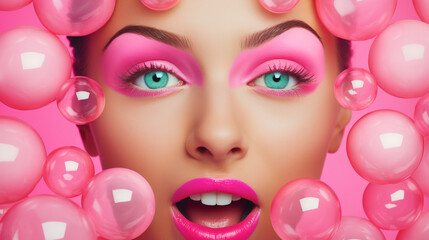 Collage photography magazine, pink, candies, studio photography, face 70’s smiley face, bubble  - Powered by Adobe