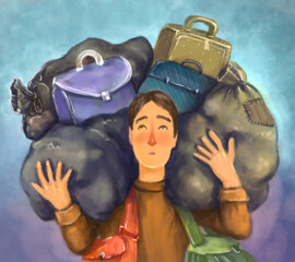 moving. suitcases. guy with luggage. hand drawn illustration - 692255747