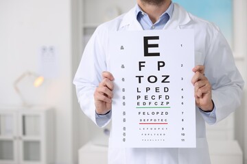 Fototapeta na wymiar Ophthalmologist with vision test chart in clinic, closeup
