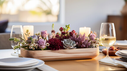 centerpiece made of flowers, with candles and wine glasses, decoration for events