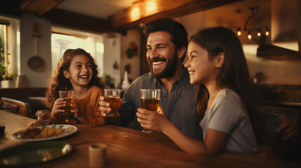 family portrait of a father and his two daughters making a toast with soft drinks - obrazy, fototapety, plakaty