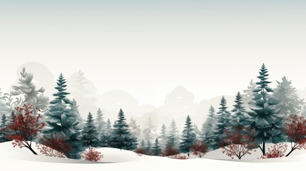 artistic winter background illustration, featuring a stylized forest scene with snow-covered trees and red foliage in shades of gray and blue, suggesting a peaceful, snowy day, event poster