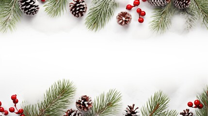 Fototapeta na wymiar lush arrangement of green pine branches with snow-tipped pinecones and clusters of red berries, creating a vibrant contrast against the clean white snow. It's ideal for a holiday sales banner,