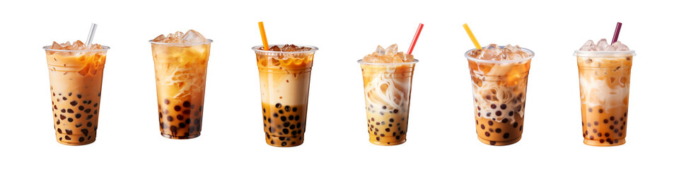 Collection set a plastic cup of iced bubble tea boba on a transparent background - obrazy, fototapety, plakaty