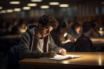 Photo of a student taking notes in a well-lit classroom . Generative AI