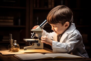 Photo of a child exploring science with a microscope. Generative AI - Powered by Adobe