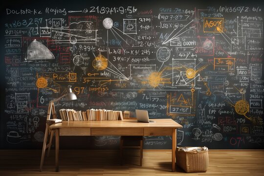 Photo of a classroom whiteboard filled with equations. Generative AI