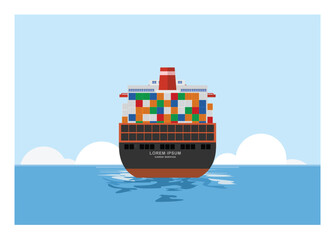 Container ship sailing on the sea. Rear view. Simple flat illustration.