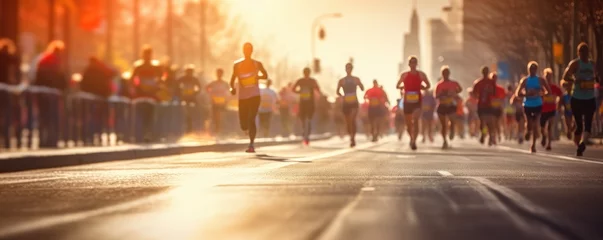 Foto op Aluminium Group of people running a marathon at golden hour, defocused © Georgina Burrows