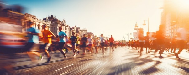Group of people running a marathon at golden hour, defocused