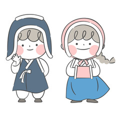 겨울 한복을 입은 아이들 캐릭터 일러스트. 