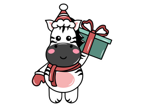 Zebra Cartoon with Santa Hat Christmas
