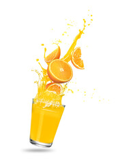 Fresh orange juice splashing from glass on white background