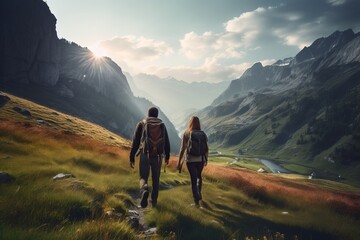 Photo of a young couple hiking in a breathtaking mountain landscape. Generative AI - Powered by Adobe