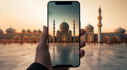 Someone capturing an image of a mosque on their mobile phone. Ideal for illustrating modern technology and travel, or promoting tourism and cultural diversity in Islamic countries. - obrazy, fototapety, plakaty