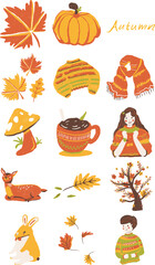 Cheerful Hand Drawn Autumn Illustration Set