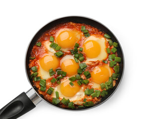 Delicious shakshuka in frying pan isolated on white, top view