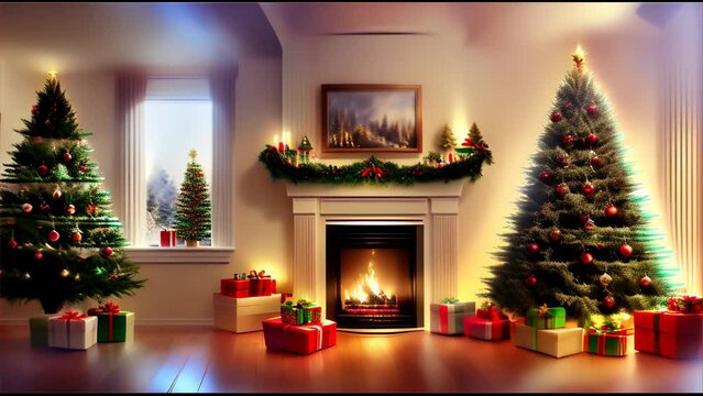 A living room adorned with Christmas trees and presents. A fire burns in the hearth, and outside the window, a snowy landscape stretches out. 