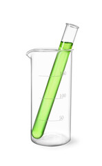 Glass beaker and test tube with green liquid isolated on white