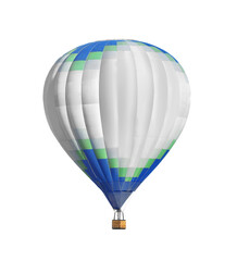 Bright hot-air balloon with wicker basket on white background