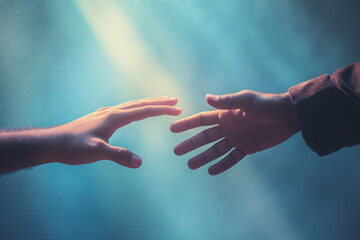 Two hands reaching out to each other with abstract blue background  