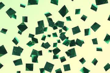 Shiny green confetti falling on color background