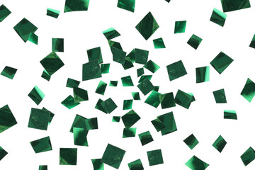 Shiny green confetti falling on white background