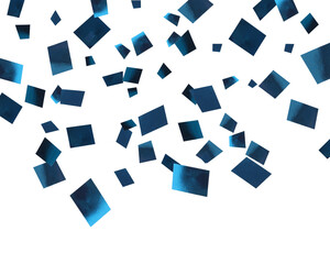 Shiny blue confetti falling on white background
