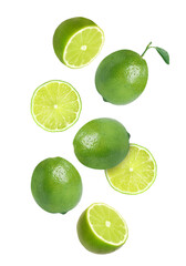 Fresh ripe limes falling on white background