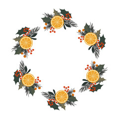 Świąteczna ramka z plastrami pomarańczy, gałązkami choinki i ostrokrzewu. Zimowa kompozycja.
