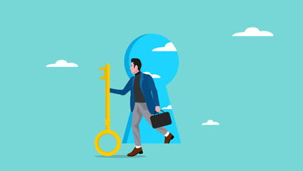 the key to success for achieving business targets, businessman bring a big key, with the concept of successful business people entering the space with the key to success concept