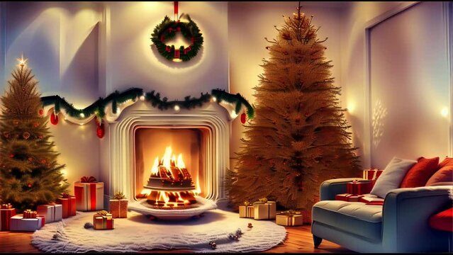 A living room adorned with Christmas trees and presents. A fire burns in the hearth, and outside the window, a snowy landscape stretches out. The warmth of home and the festive atmosphere are palpable