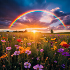 A double rainbow stretching across a field of wildflowers