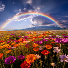 A double rainbow stretching across a field of wildflowers