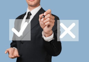 Businessman making choices right and wrong icons