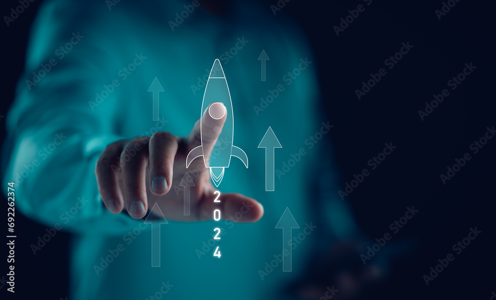 Aufkleber businessman pointing rocket icon with happy new year 2024, countdown merry christmas and happy new y