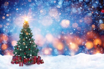 Fototapeta na wymiar Christmas Tree with Gift Boxes in white Snow