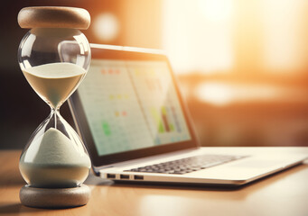 Laptop computer and hourglass and sunlight pouring through a window; depicting time and scheduling work