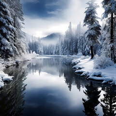 A tranquil lake surrounded by snow-covered trees
