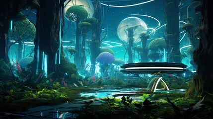 futuristic biotech oasis technology with bioengineered plants, glowing bioluminescent pathways, and futuristic devices