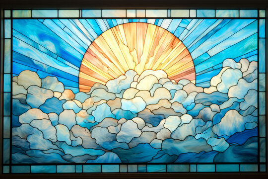 Stained glass window illustration of the sun above clouds